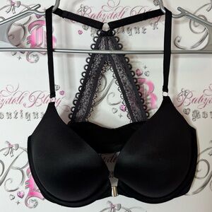 Victoria secret bra Black Satin Lace Push-Up Bra racer back front closure metal